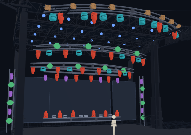 The Scratchpad's 3D view of a rig: three curved trusses over a stage, hung with colour coded profiles, washes, beams and strobes