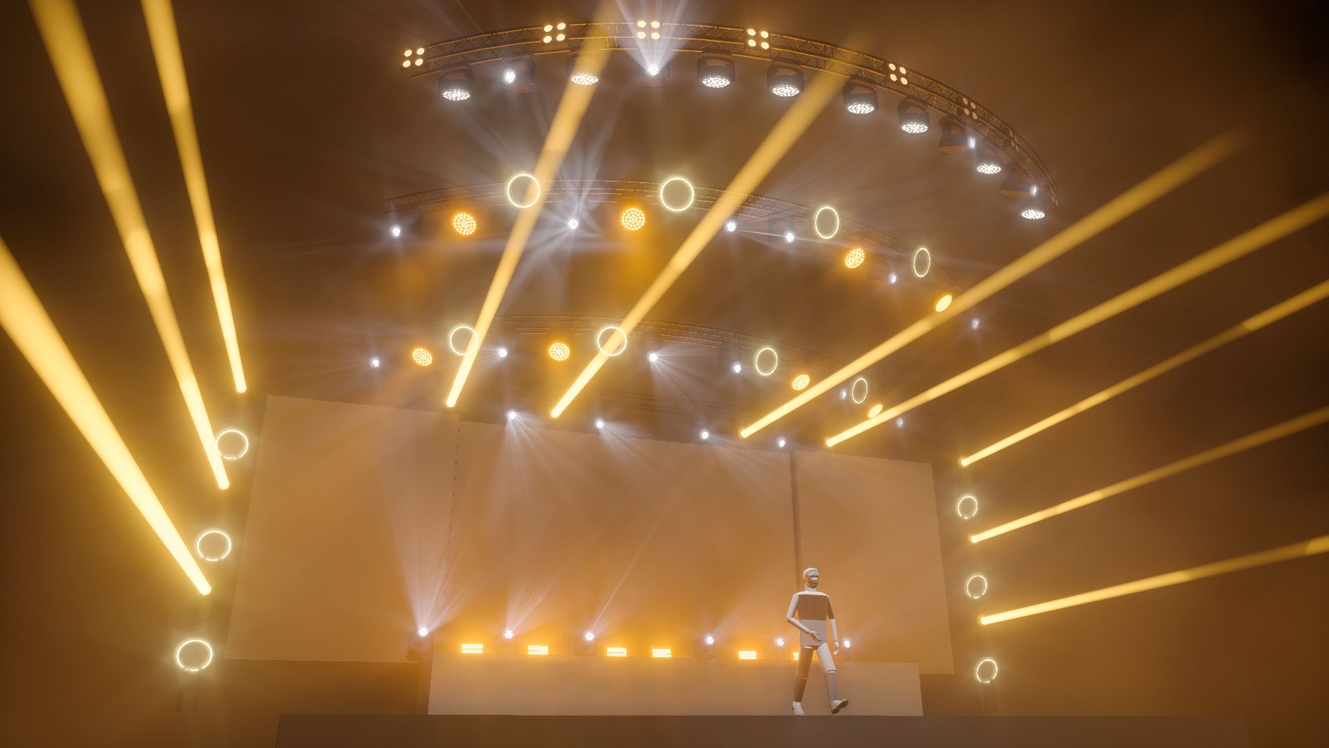 The same rig rendered in Capture, warm beams fanning out over a stage